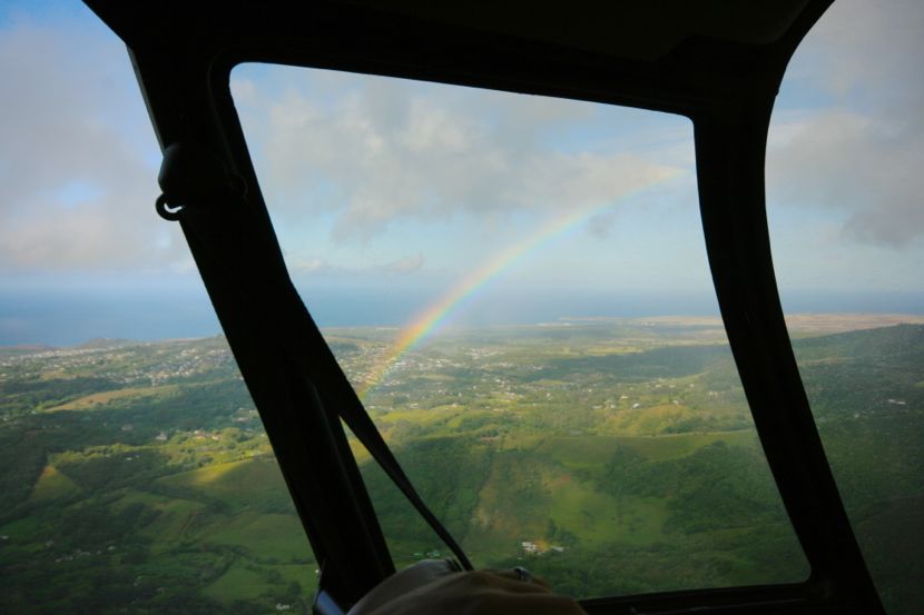 helicopter rainbow, Kauai: yes, another one. The rainbows on this trip (and I say rainbowS, for there are several) were superior. 